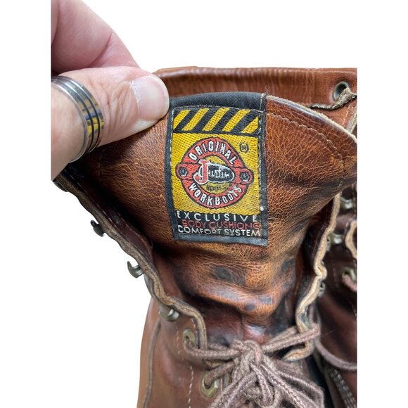 Justin Workboot mens brown leather mid calf work boots Sz 9.5B SKU 9769 - Picture 12 of 16